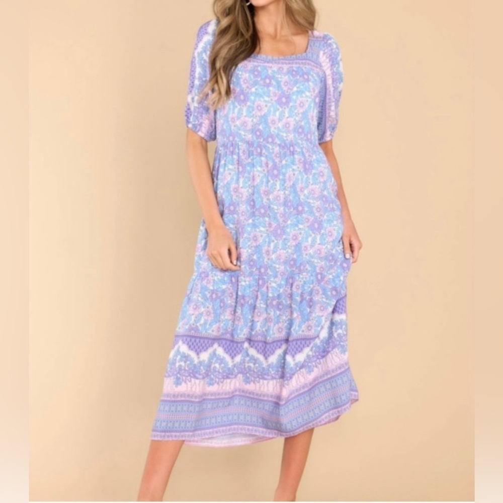 THML Puff Sleeve Square Neck Floral Flamingos
Midi Dress in Blue, Size L